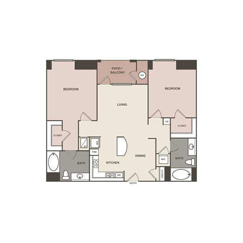 A floor plan of a house with two bedrooms, a living room, a kitchen, a bathroom, a dining room, and a patio balcony.